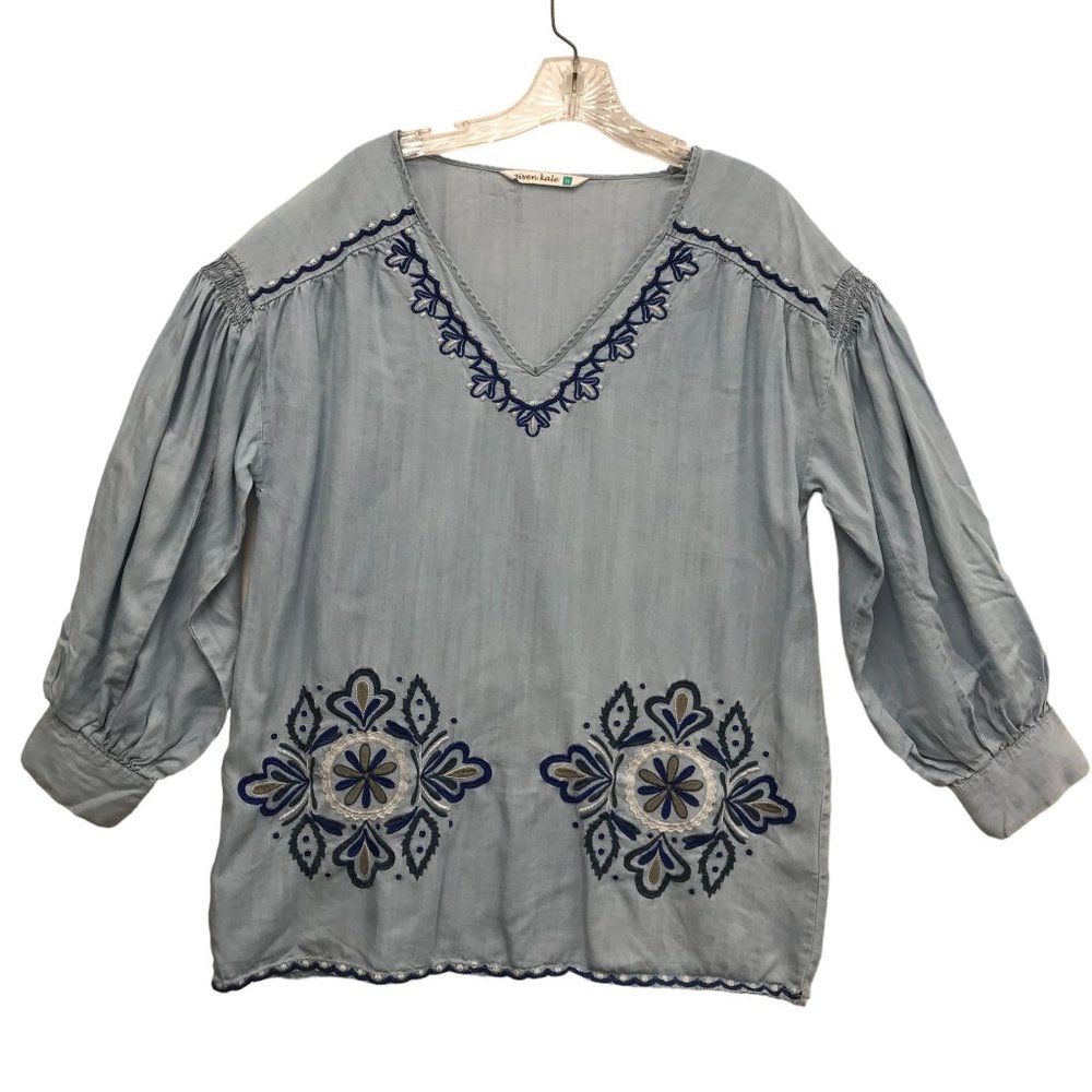 GIVEN KALE Womens M Blue Embroidered Top 3/4 Sleeve BoHo Cottage Core